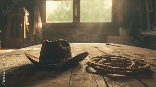 Cowboy Hat and Rope on Rustic Wooden Table in Old Barn