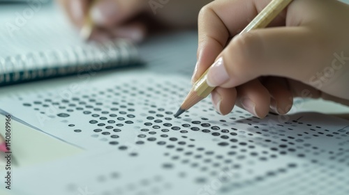 A close-up of a student’s hands writing furiously on an exam paper, pencils and erasers nearby, the background softly blurred with ample space for text photo