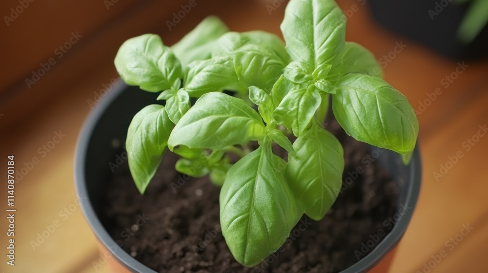 A vibrant basil plant thriving in its pot, showcasing its lush green leaves and healthy growth. A vibrant basil plant thriving in its pot, showcasing its lush green leaves and healthy growth.