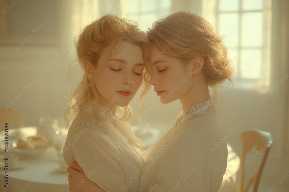 Two women hugging softly, celebrating the bond of friendship and strength, embodying the spirit of love on International Women's Day in a serene, warm-lit setting.