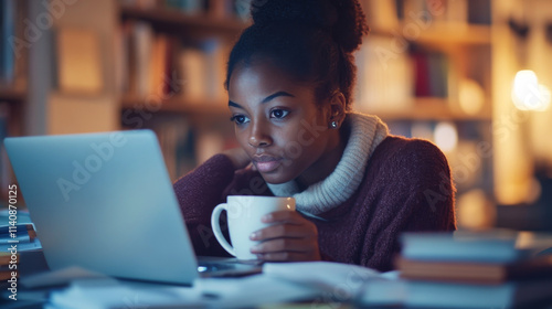 A student taking a break from studying, holding a cup of coffee while staring at a laptop screen, the table cluttered with notes and books photo