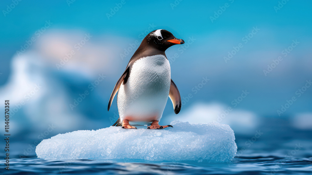Fototapeta premium lone penguin stands on ice floe, surrounded by serene blue ocean, evoking sense of tranquility and isolation