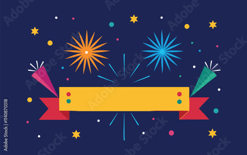 Fireworks border, New Year banner, colorful  fireworks and stars