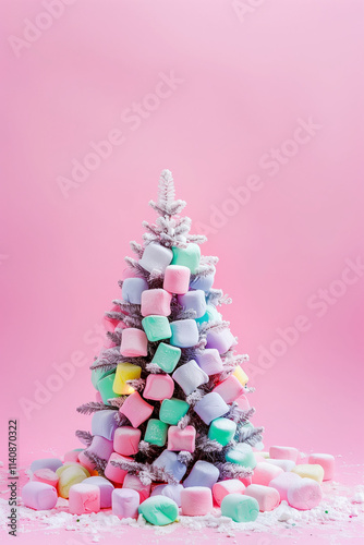 Delicious Xmas tree decorated with pastel colors marshmallows on pink background.