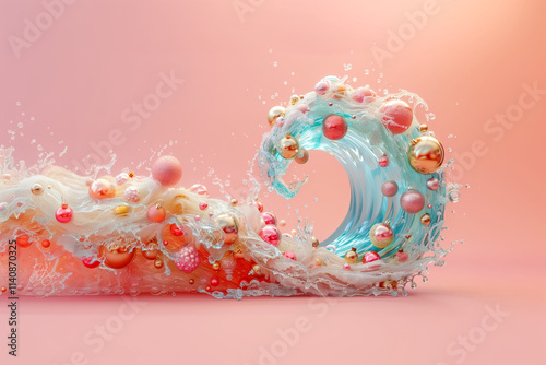 Strong wave curl with xmas colorful decorations on pastel pink background. Abstract symbol of christmas.