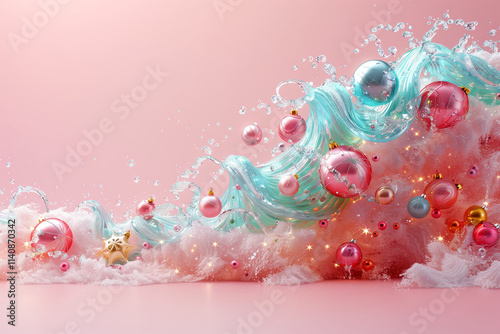 Powerful wave decorated with xmas decoration balls on pastel pink background.