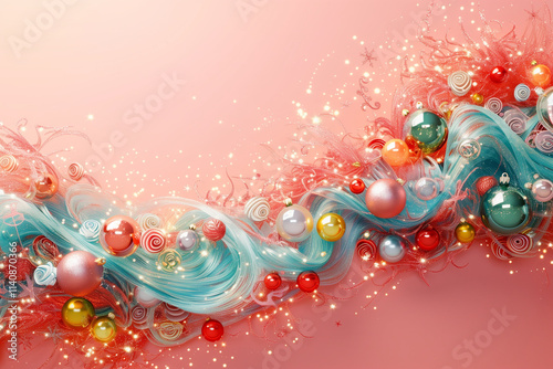 Shiny sparkle festive winter abstract idea with dynamic ornaments balls on pastel pink background.