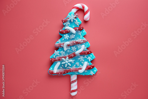 Yummy frozen ice cream in shape of xmas tree. Red color background.
