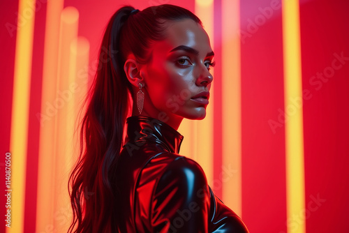 high fashion model wears bold latex outfit lit dramatic red lights futuristic edgy