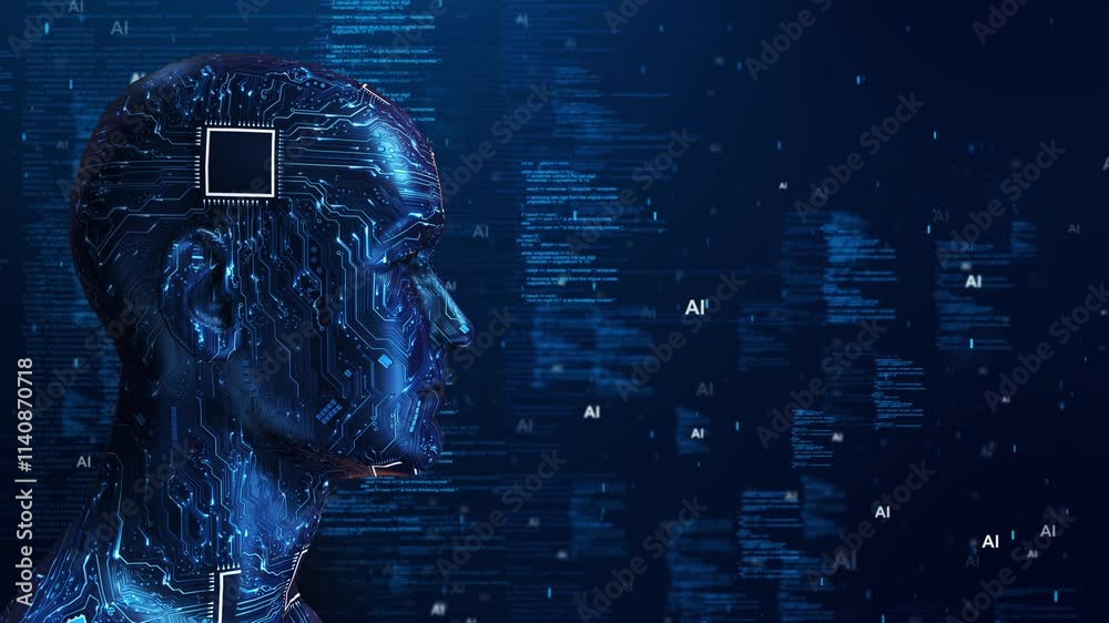 Futuristic AI tech machine learning Cyber Technology Innovation Artificial intelligence cyber brain animation. Modern robot revolution circuit board Digital Big Virtual Data Flow Deep Learning concept