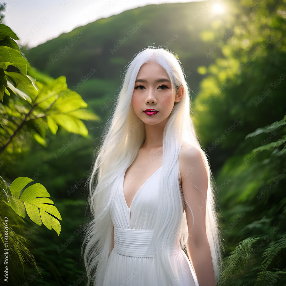 Young Woman in White Dress Surrounded by Greenery