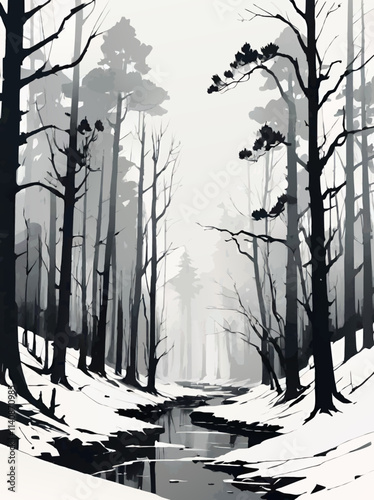 snowy winter forest landscape with stream vector illustration