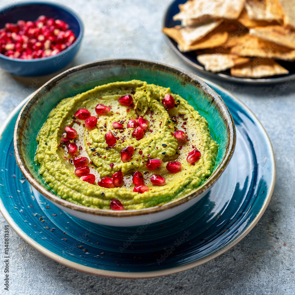 Vibrant Zaatar Hummus with Pomegranate Seeds and Crackers Vibrant Zaatar Hummus with Pomegranate Seeds and Crackers