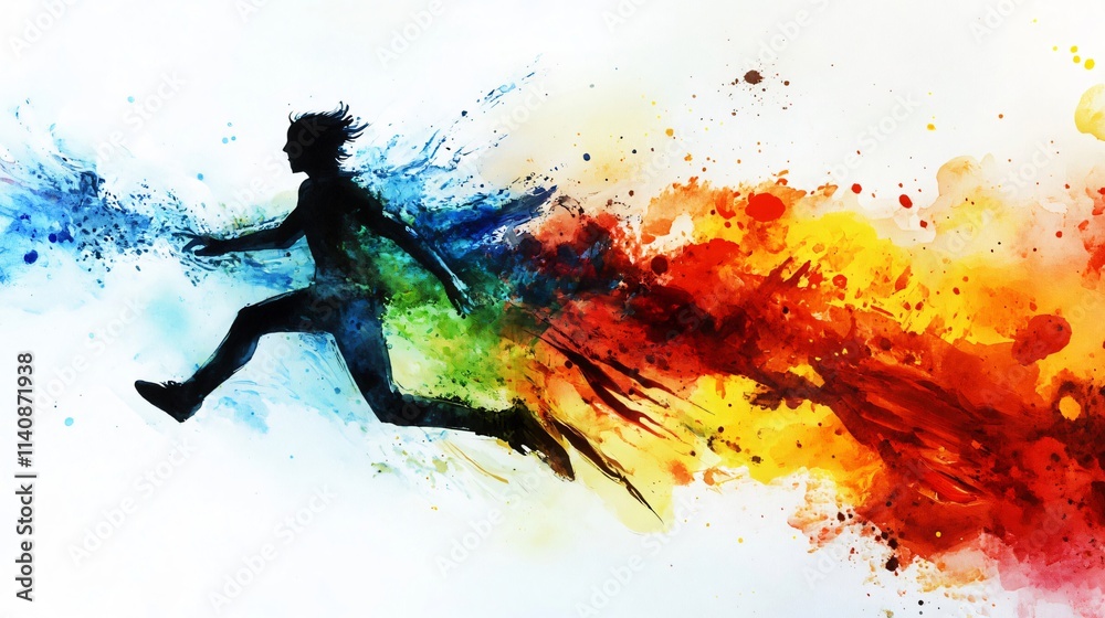 A silhouette of a man running with a vibrant, colorful splash of watercolor paint. Perfect for conveying themes of energy, freedom, and passion. A silhouette of a man running with a vibrant, colorful splash of watercolor paint. Perfect for conveying themes of energy, freedom, and passion.