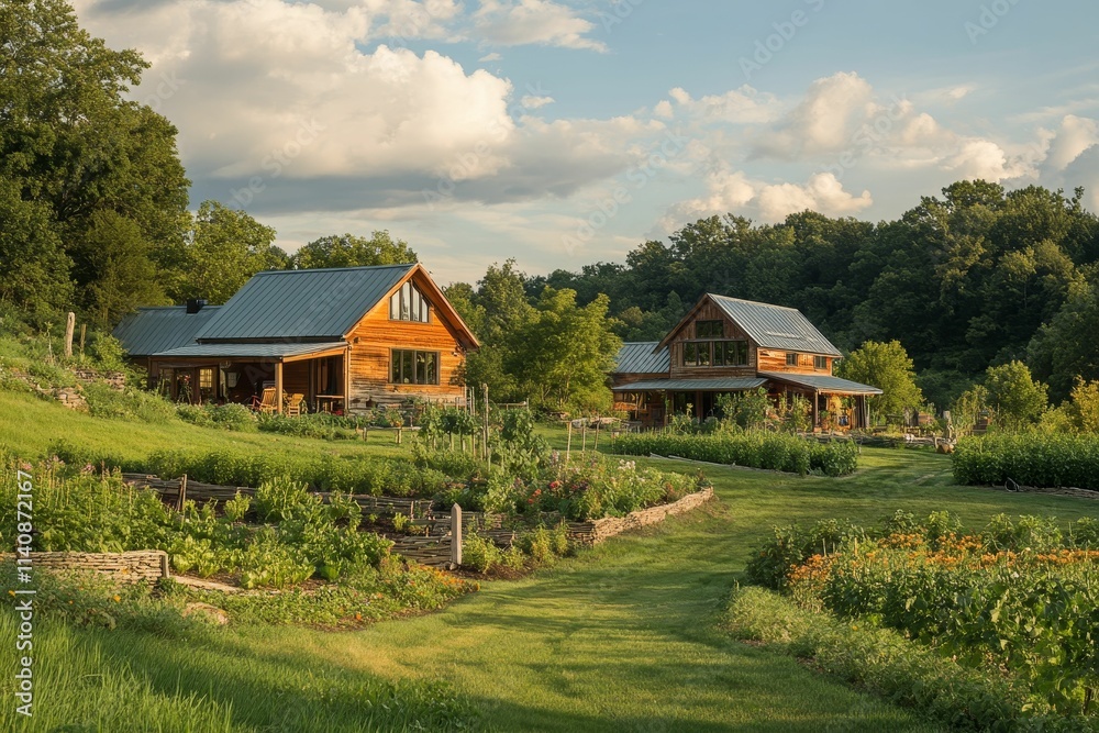 Obraz premium Wooden houses, garden, grassy hillside, sunny day.