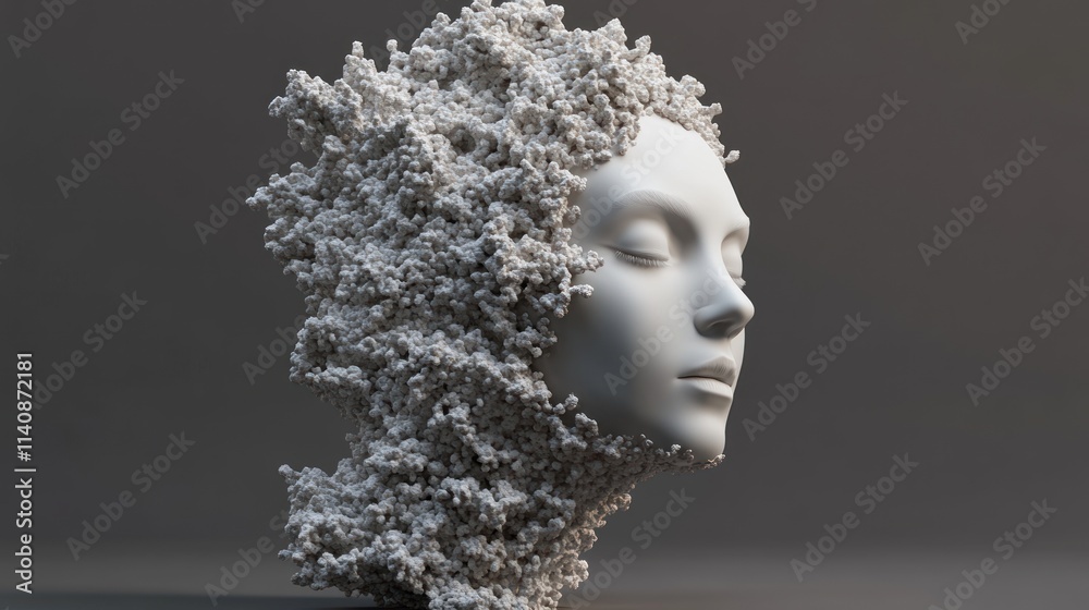 Serene Digital Sculpture: A Woman's Face Emerging from a Crystalline Formation Serene Digital Sculpture: A Woman's Face Emerging from a Crystalline Formation