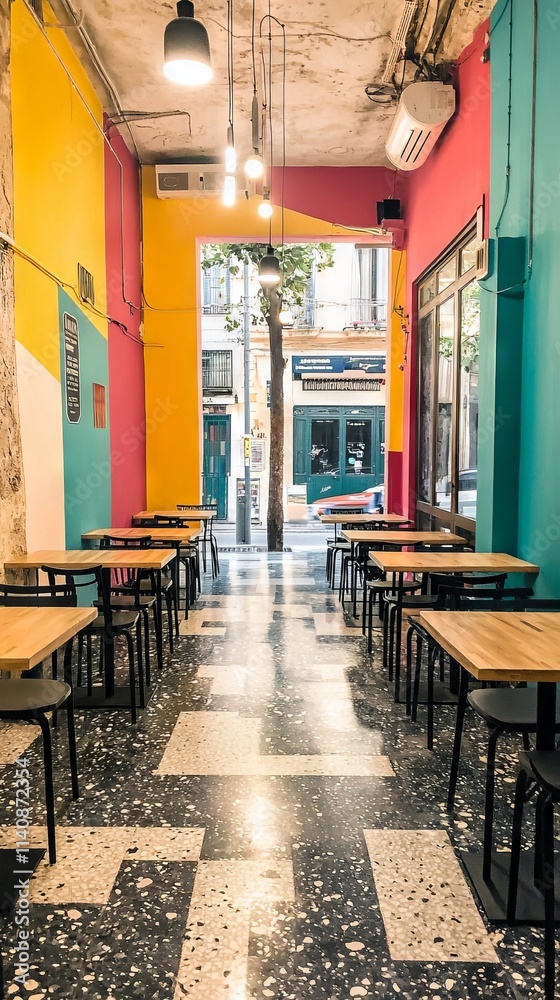 Naklejka premium Empty street cafe with tables and chairs, no people, in a quiet city setting with an old architectural design and a cozy, inviting atmosphere