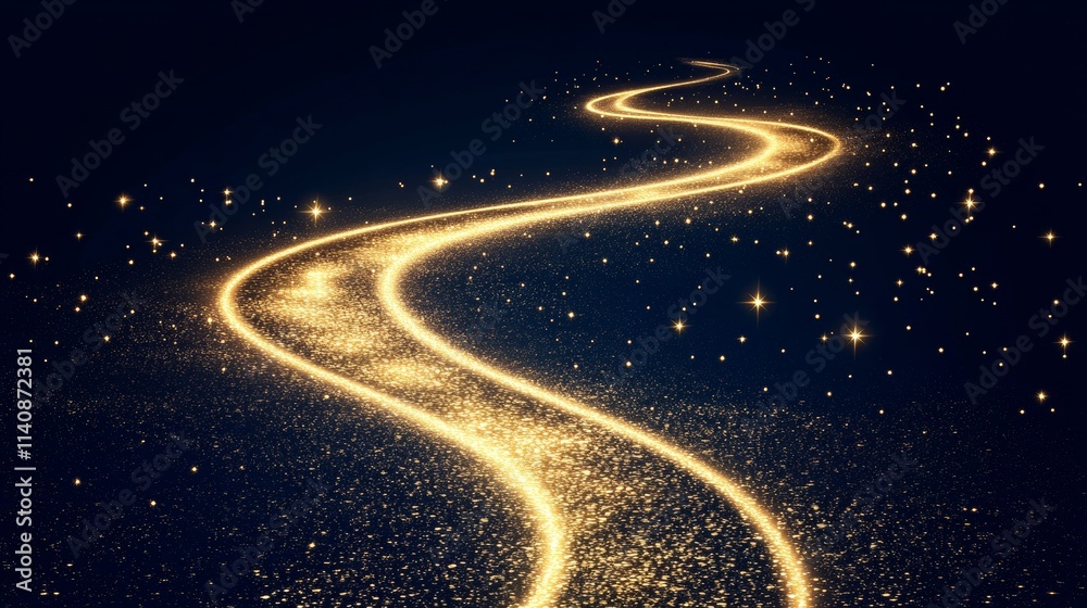 Obraz premium Magic gold dust trail with star shaped sparkles on dark transparent background. Realistic vector illustration of circle and wave path of shine glitter and shimmer particles. Can be used as png.