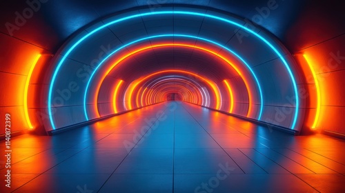 Futuristic neon-lit tunnel with vibrant orange and blue circular lights, reflective floor.