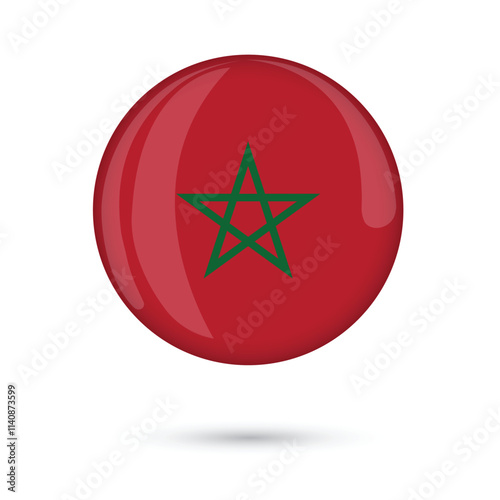 Morocco flag round glossy shiny 3D badge flag button vector illustration isolated on white background for Independence Day 18 November, National Day, Proclamation of Independence Day,11th January