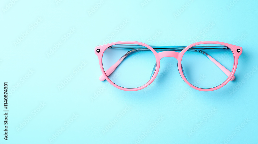 Fototapeta premium Pink glasses on pastel blue background, showcasing minimalistic design
