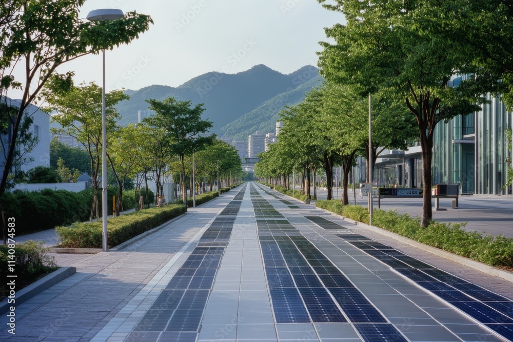 A modern avenue with solar panels and lush trees suggests sustainability amidst urban architecture. A modern avenue with solar panels and lush trees suggests sustainability amidst urban architecture.