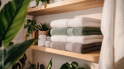 Serviettes de bain empilées dans une salle de bain zen avec plantes vertes