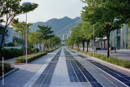 A modern avenue with solar panels and lush trees suggests sustainability amidst urban architecture.