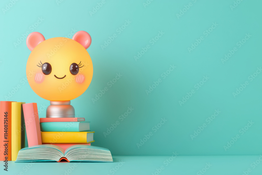 Cute lamp with smiling face on colorful books against pastel background Cute lamp with smiling face on colorful books against pastel background