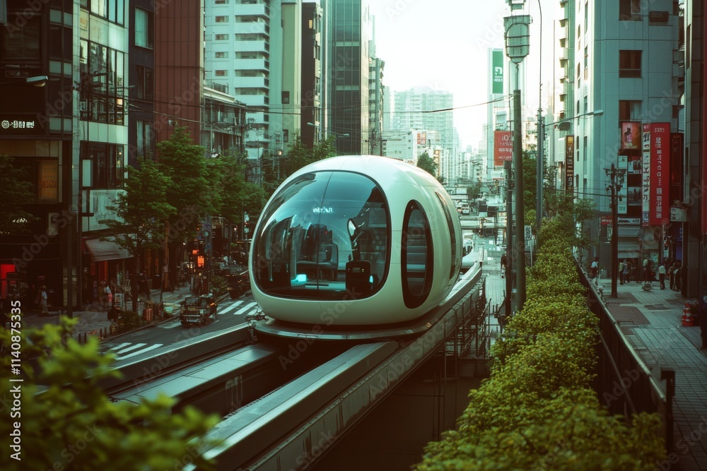 Obraz premium A sleek futuristic train glides through a busy urban street, embodying modern technological advancements amidst a bustling city atmosphere.