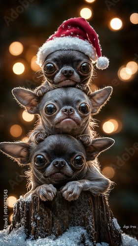A Christmas tree made up of three real dogs, each with soft, fluffy fur and expressive, curious eyes.