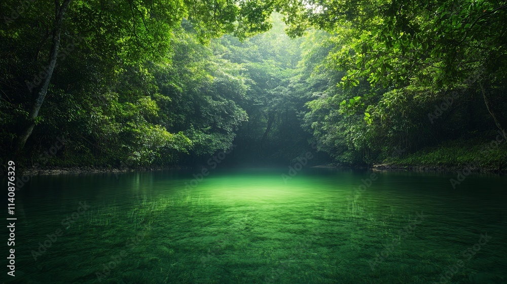 Obraz premium A lush green forest with a clear, calm river running through it