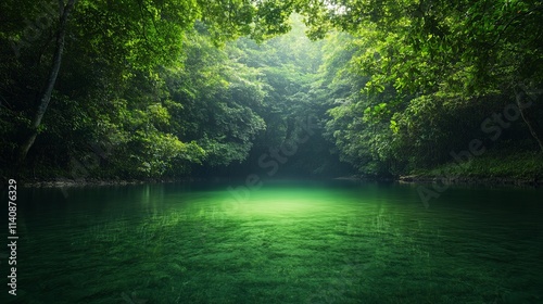 A lush green forest with a clear, calm river running through it