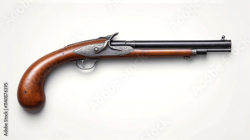 Classic flintlock pistol with ornate wood and metal details displayed