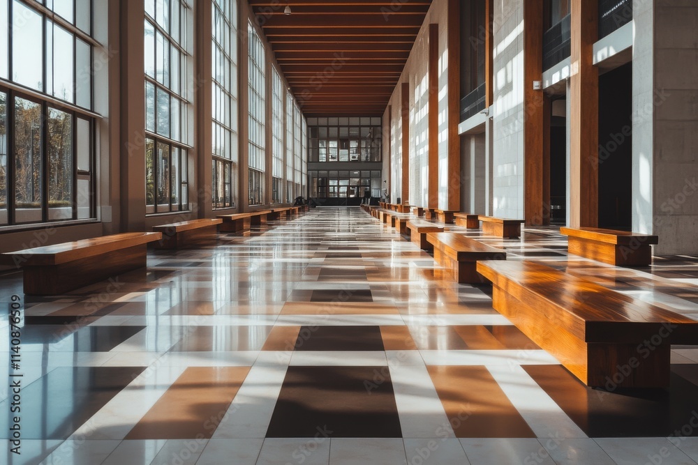 Sunlight streams through the large windows of a vast, modern hall with wooden benches and geometric flooring. Sunlight streams through the large windows of a vast, modern hall with wooden benches and geometric flooring.