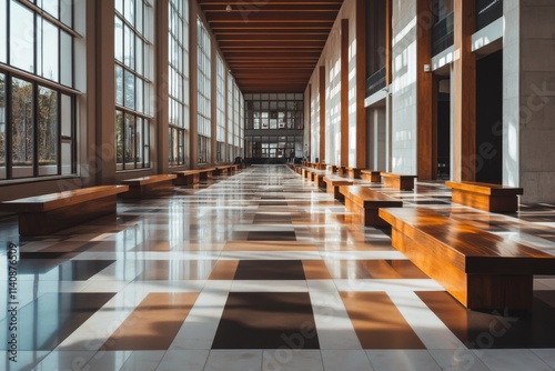 Sunlight streams through the large windows of a vast, modern hall with wooden benches and geometric flooring.