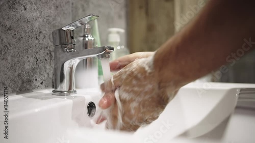 A close-up of hands washing their hands with soap emphasizes hygiene, cleanliness and self-care. The concept of freshness and hygiene rules. 