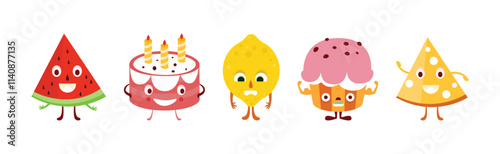 Cute Food Product with Smiling Face Vector Set