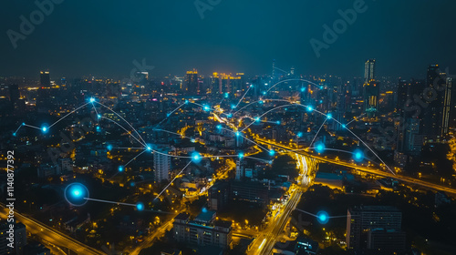 Wallpaper Mural Abstract businessman stands on the peak of success Smart digital city with connection cyber security network reciprocity over the cityscape future wireless digital city and social media networking Torontodigital.ca