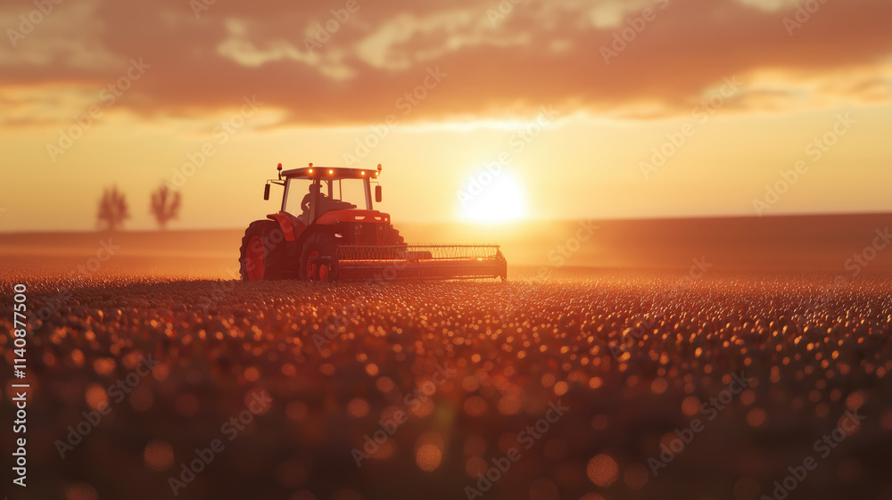 Fototapeta premium A farmer in a tractors and harvester working in the field to prepares the ground . Agriculture concept suitable for production. A tractor on a soybean farm in the spring sunset. generative ai
