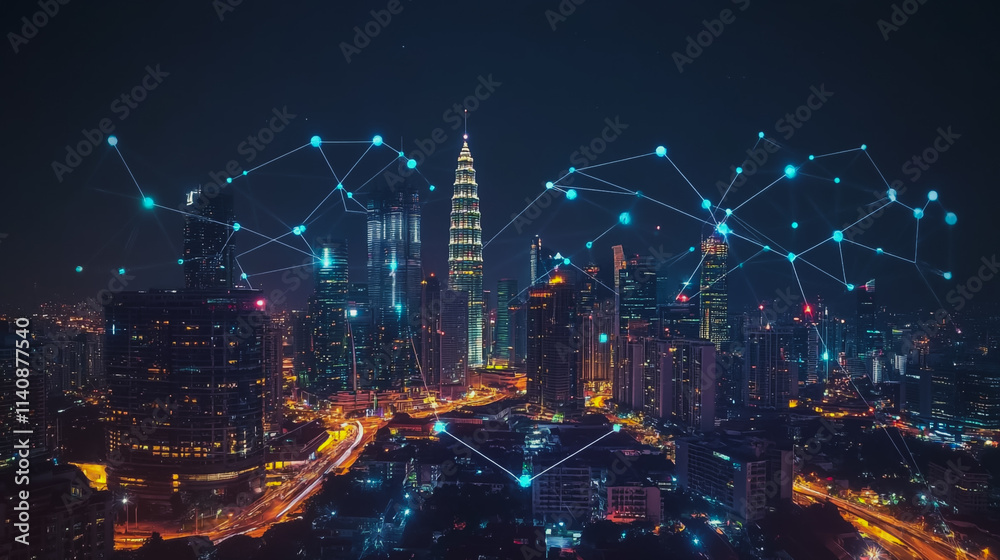 Abstract businessman stands on the peak of success Smart digital city with connection cyber security network reciprocity over the cityscape future wireless digital city and social media networking