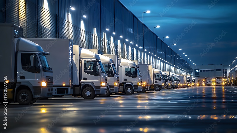 Fototapeta premium Nighttime delivery trucks lined up outside a warehouse facility. Generative AI.