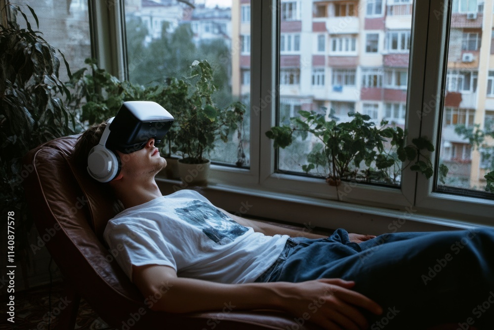 Fototapeta premium A young man relaxes with a VR headset in an urban apartment, exploring virtual worlds amid the city views, blending reality with technology.