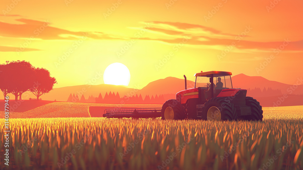 Fototapeta premium A farmer in a tractors and harvester working in the field to prepares the ground . Agriculture concept suitable for production. A tractor on a soybean farm in the spring sunset. generative ai