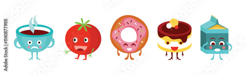 Cute Food Product with Smiling Face Vector Set
