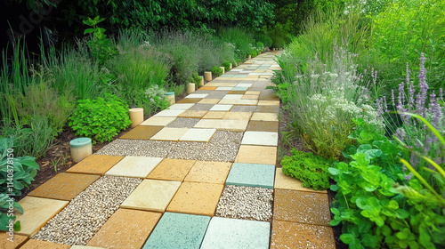 Vibrant garden pathway with colorful tiles surrounded by lush greenery