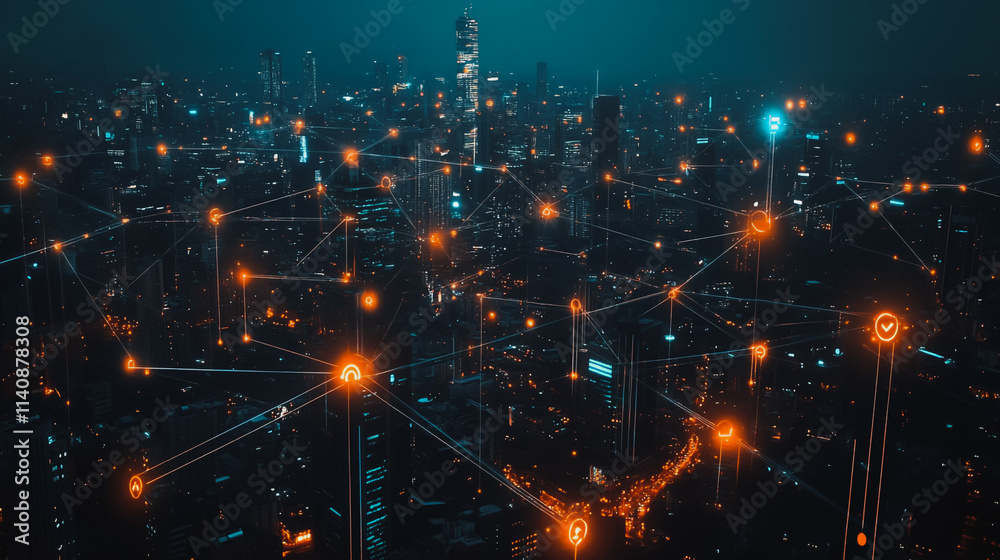 Fototapeta premium Abstract businessman stands on the peak of success Smart digital city with connection cyber security network reciprocity over the cityscape future wireless digital city and social media networking