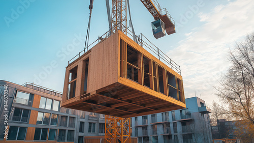 A wooden building module is raised by a crane and placed into the framework. Berlin office building under construction. Modular wood construction will be used to build the new building. Generative AI