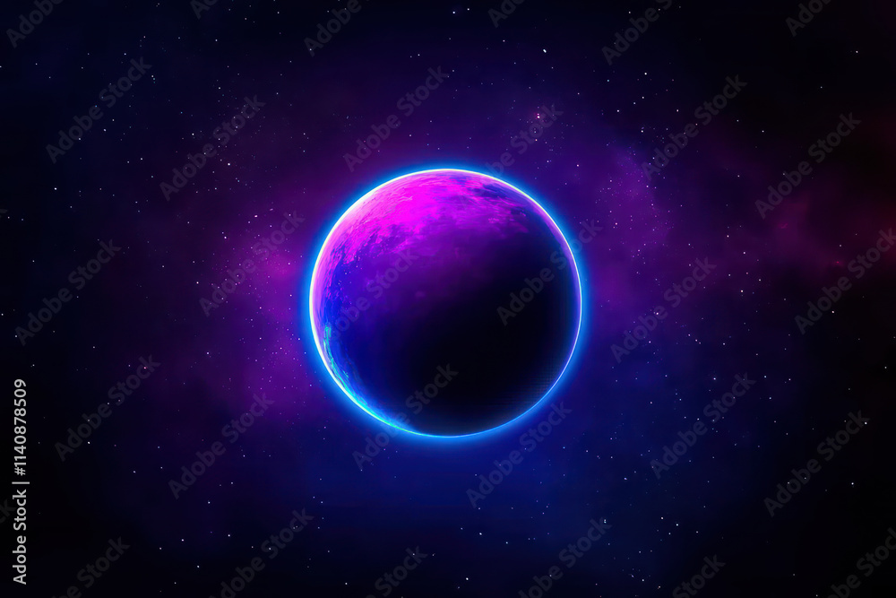 Obraz premium vibrant alien like planet with glowing blue outline, surrounded by cosmic colors