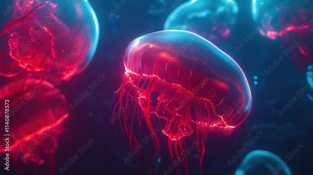 Naklejka premium Neon Jellyfish Underwater Symphony: A mesmerizing dance of bioluminescent jellyfish in vibrant red and blue hues, creating an ethereal underwater spectacle.